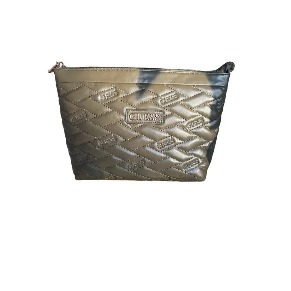 NWT GUESS Olive Green Quilted Logo Cosmetic Pouch Briella Travel Bag